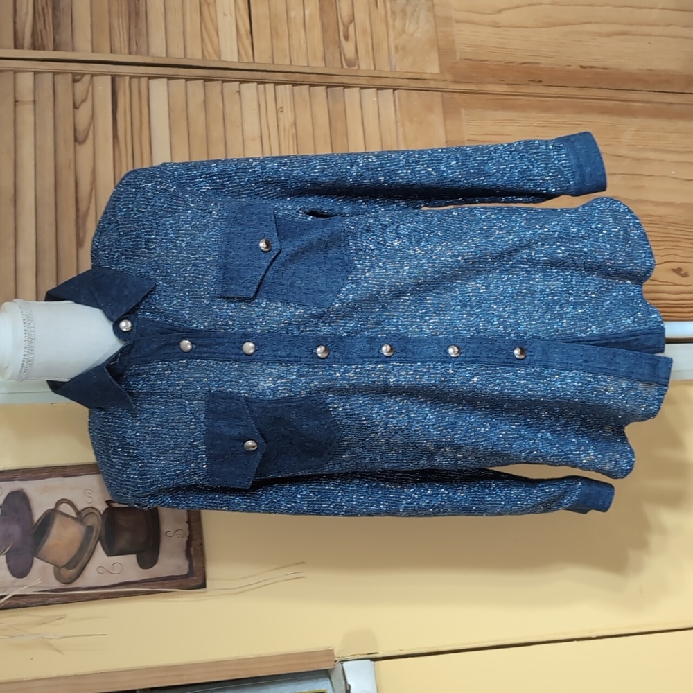 Vintage Oversized GEPETTO Denim Blue Silver Metallic Shimmery Blouse S